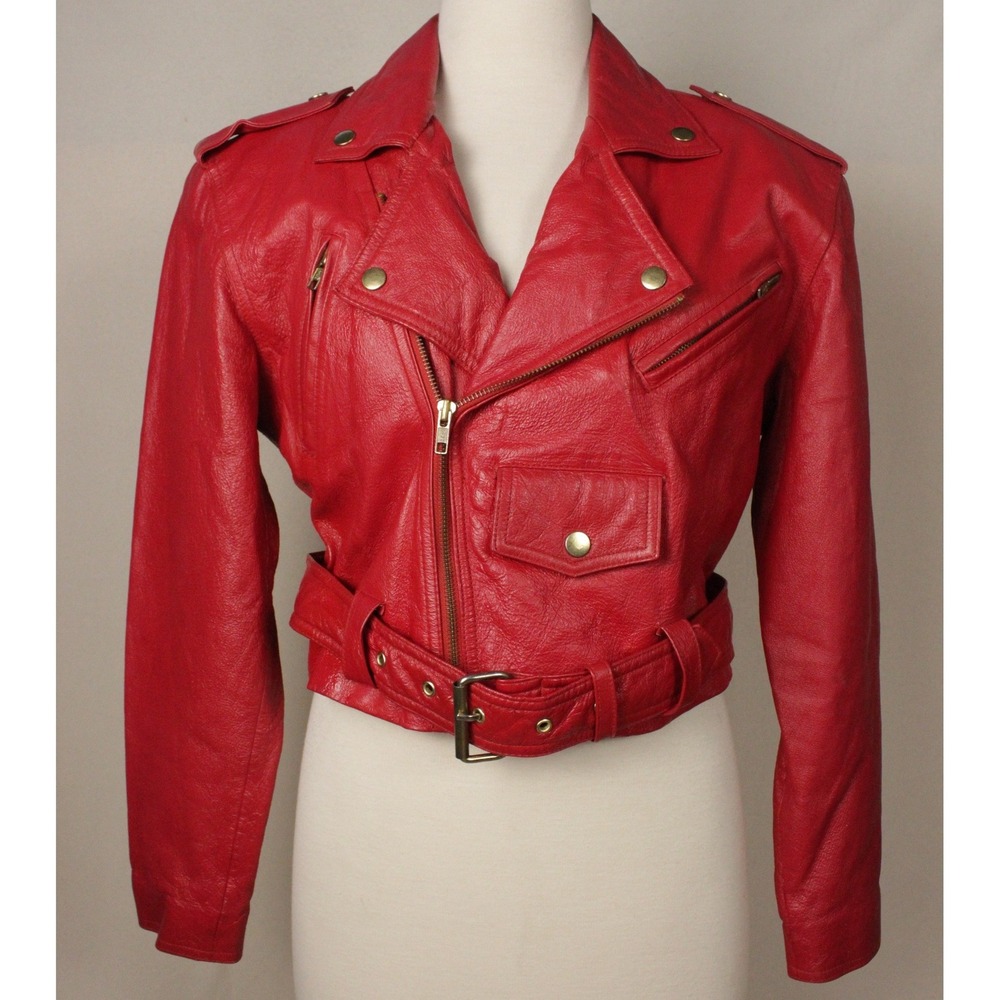 Vintage Wilsons Leather Red Moto Jacket Cropped Belted Biker Y2K size S